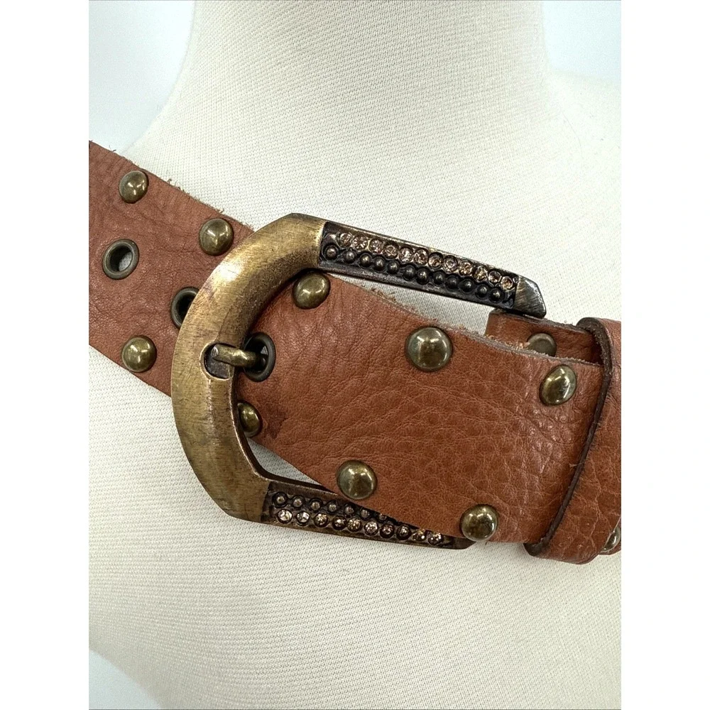 LeatheRock Womens Brown Leather Studded Rhinestone Belt Size M34 Boho Cowgirl